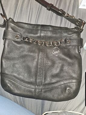 Coach Black Pebbled Leather Shoulder Bag with Chain Accent